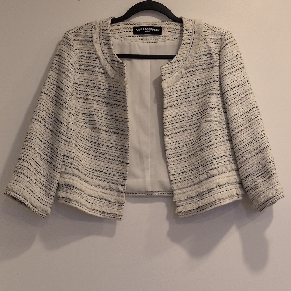 Karl Lagerfeld White Tweed Open-Front Cropped Jacket with Black Accents